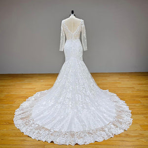 Long Sleeve Tulle Mermaid Wedding Dress V Neck Vintage Style with Sequined Beading