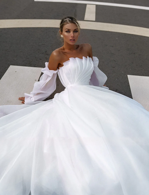 New Design Boat Neck Detachable Puff Sleeve Pleats A-Line Wedding Dress