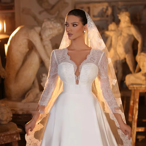 Three Quarter Sleeve Satin Wedding Dress with Illusion Back and Side Pockets for Brides