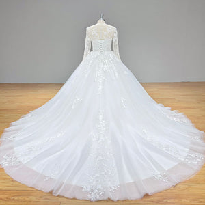 Gorgeous Long Sleeve Sequined Beaded Ball Gown Wedding Dress Luxury Bridal Gown