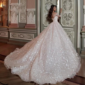 Luxury Wedding Dress Ball Gown With Embroidery Elegant O-neck Full Sleeve Wedding Gown