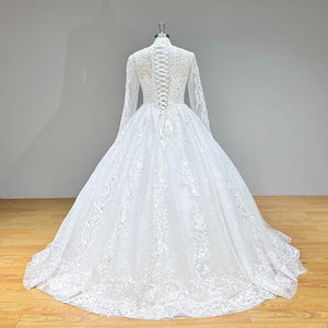 New Beaded Pearls Long Sleeve Ball Gown Wedding Dress High Neck Luxury