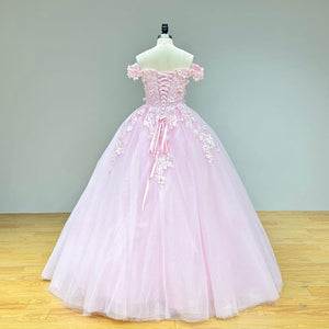 Sweetheart Pink Quinceanera Dress with Pearls Crystals Flowers and Lace-Up Back