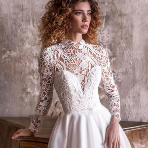 Elegant A-Line Wedding Dress with Long Sleeves O-Neck and Illusion Back Bridal Gown