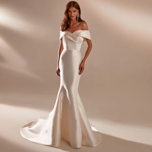 Off-the-Shoulder Satin Mermaid Wedding Dress with Zipper Back & Detachable Bow