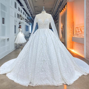 Crystal Beaded Shining Ball Gown Wedding Dress with Long Sleeves and Illusion Back