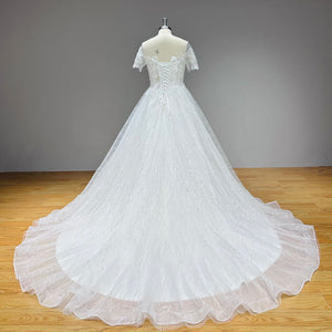 Elegant Short Sleeve A-Line Sequined Wedding Dress with Corset Back