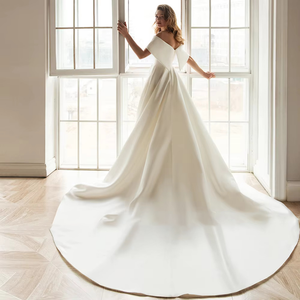 Off-the-Shoulder A-Line Satin Wedding Dress Simple Boat Neck Bridal Gown