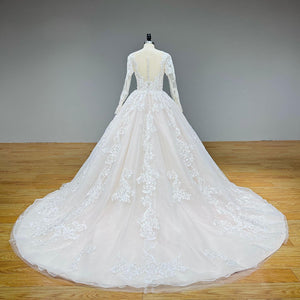 Long Sleeve Ball Gown Wedding Dress with Illusion Back and Sequined Appliques