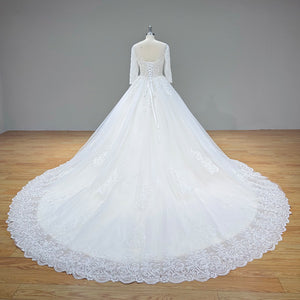 Half Sleeve Ball Gown Wedding Dress with Pearls Appliques and Corset Back