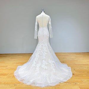 Long Sleeve Mermaid Wedding Dress O Neck Vintage Illusion Back Elegant Bridal Gown