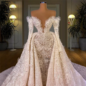 Luxury Off-The-Shoulder Lace Dubai Arabic Wedding Dress 2021 Muslim Mermaid Bridal Gown