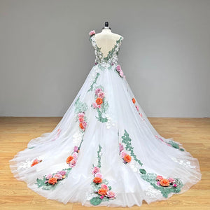 Colorful Tulle Ball Gown Wedding Dress with 3D Flowers Off the Shoulder