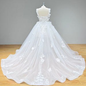 3D Flowers Ball Gown Wedding Dress Lace Up Back Sequined Beading Appliques