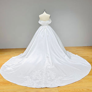 Off the Shoulder High Quality Satin Wedding Dress with Pearls and Appliques