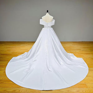 Off the Shoulder High-Quality Satin Ball Gown Wedding Dress with Button Back and Zipper