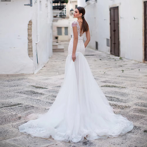 Tulle Mermaid Wedding Dress with Button Back Beaded Waist Luxury Bridal Gown