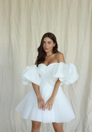 A-Line Organza Wedding Dress with Puffy Sleeves and Detachable Skirt