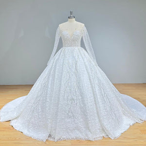 Crystal Beaded Shining Ball Gown Wedding Dress with Long Sleeves and Illusion Back