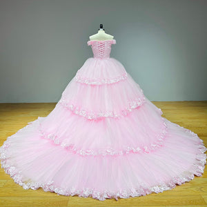 3D Flowers Princess Ball Gown Wedding Dress with Detachable Train Off the Shoulder