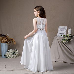 Two Pieces Lace Chiffon Sleeveless Flower Girl Dress A Line First Communion Gown