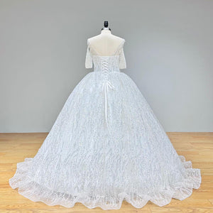 Hire Lnyer Short Sleeve Lace Up Back Beaded Pearls Sequin Ball Gown Wedding Dress