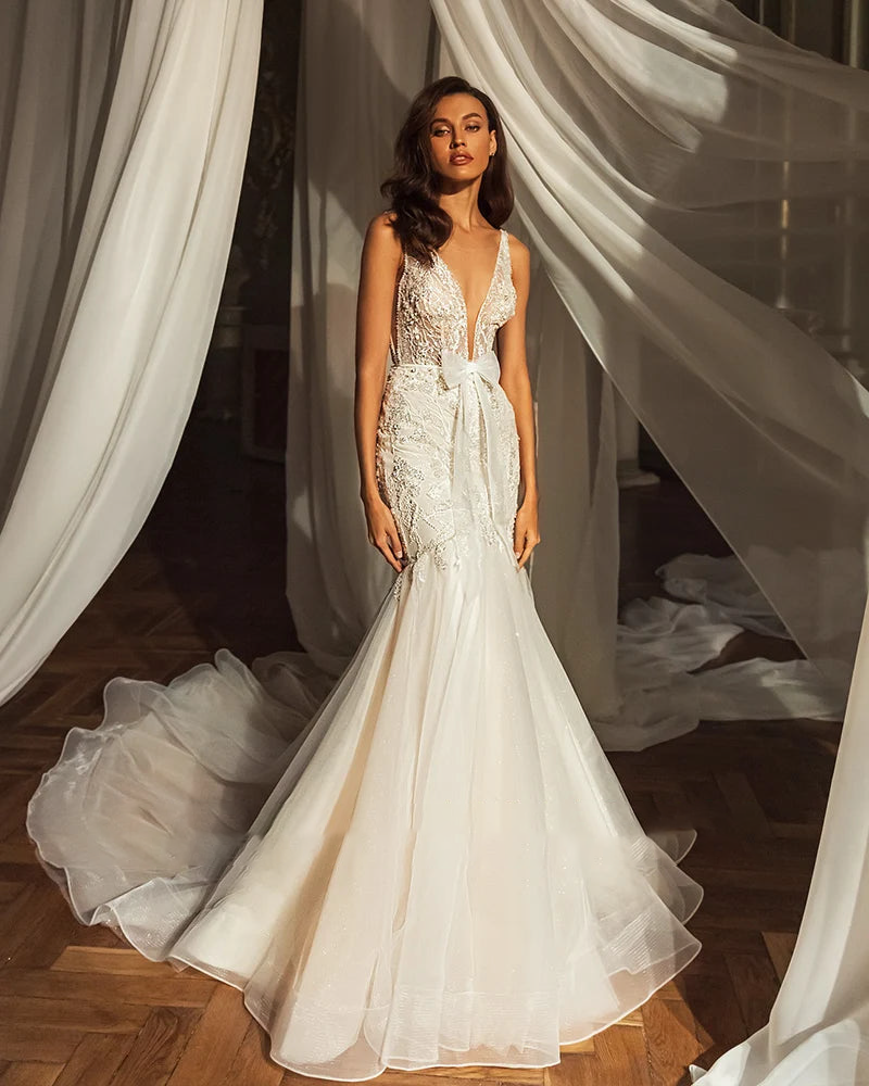 Deep V-Neck Backless Mermaid Wedding Dress with Beading and Detachable Shawl