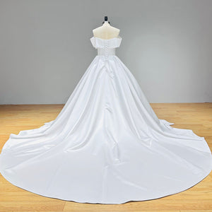 Luxury Satin Ball Gown Wedding Dress with Lace Up Back and V-Neck