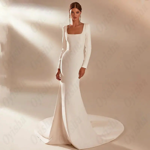 OYISHA Satin Mermaid Wedding Dress with Square Collar and Full Sleeves