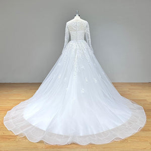 Elegant Tulle A-Line Wedding Dress with Satin Belt and Long Sleeves