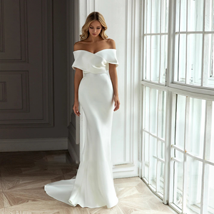 Satin Mermaid Wedding Dress with Detachable Train V-Neck Off-the-Shoulder Design