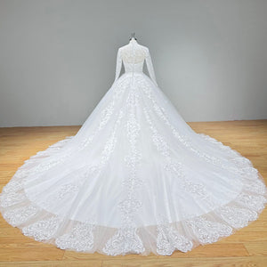 High Neck Long Sleeve Wedding Dress with Buttons Zipper Back Bridal Gown