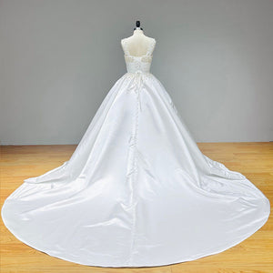 Gorgeous Crystal Satin Ball Gown Wedding Dress with Detachable Straps and Corset Back