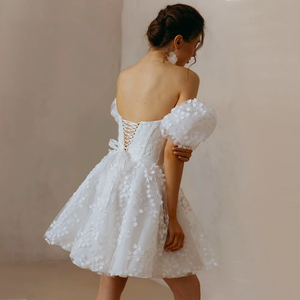 Lace Mini Wedding Dress with Puffy Sleeves & Backless Design