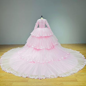 Pink Long Sleeve Wedding Dress with Detachable Train 3D Flowers