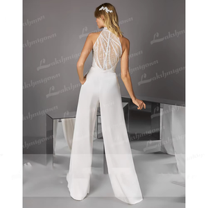 Ivory High Neck Jumpsuit Wedding Dress Pantsuit with Sequins for Brides