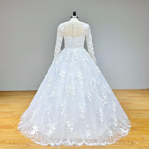 Long Sleeve Back Button Lace Ball Gown Wedding Dress with Floral Details