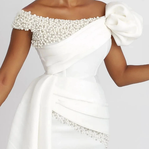 Sheath Wedding Dress Short Off the Shoulder Pearls Luxury White Draped Tea Length Bridal Dress