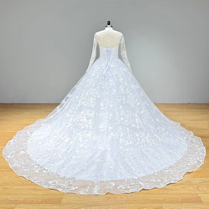 Long Sleeve Ball Gown Wedding Dress with Crystal Beading Belt and Cut-out Back