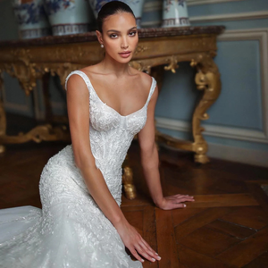 Off-the-Shoulder Mermaid Wedding Dress with Detachable Train & Beaded Lace