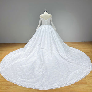 Long Sleeve Ball Gown Wedding Dress with Chapel Train and See-Through Top