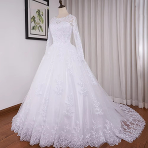 Princess Ball Gown Wedding Dress Long Sleeve Plus Size Lace Beading Bridal Gown