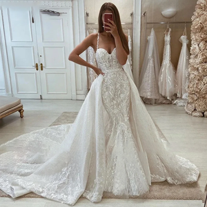 Mermaid Lace Wedding Dress Sleeveless Lace Appliques Beaded Shiny Bridal Gown with Detachable Train