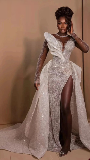 2024 Plus Size Long Sleeve Sheer Net Mermaid Bridal Gown with Detachable Train