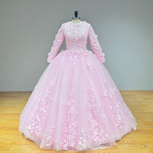 Pink Long Sleeve Wedding Dress with Detachable Train 3D Flowers