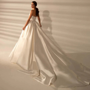 Off Shoulder Slit Satin Wedding Dress Classic Zipper Back Bridal Gown