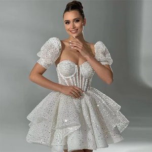 Short Sequined Beadings Wedding Dress Puff Sleeves Princess Sweetheart Party Dress