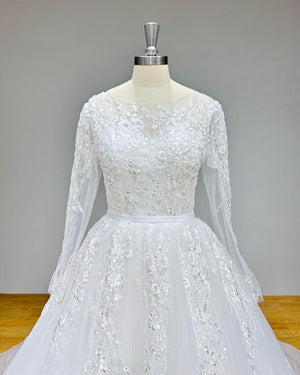 Elegant Tulle A-Line Wedding Dress with Satin Belt and Long Sleeves