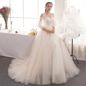 Elegant A-Line Off-Shoulder Wedding Dress with V-Neck and Lace-Up Back