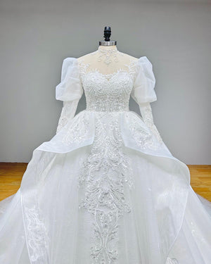 Hire Lnyer High Neck Puff Sleeve Beaded Lace Ball Gown Wedding Dress